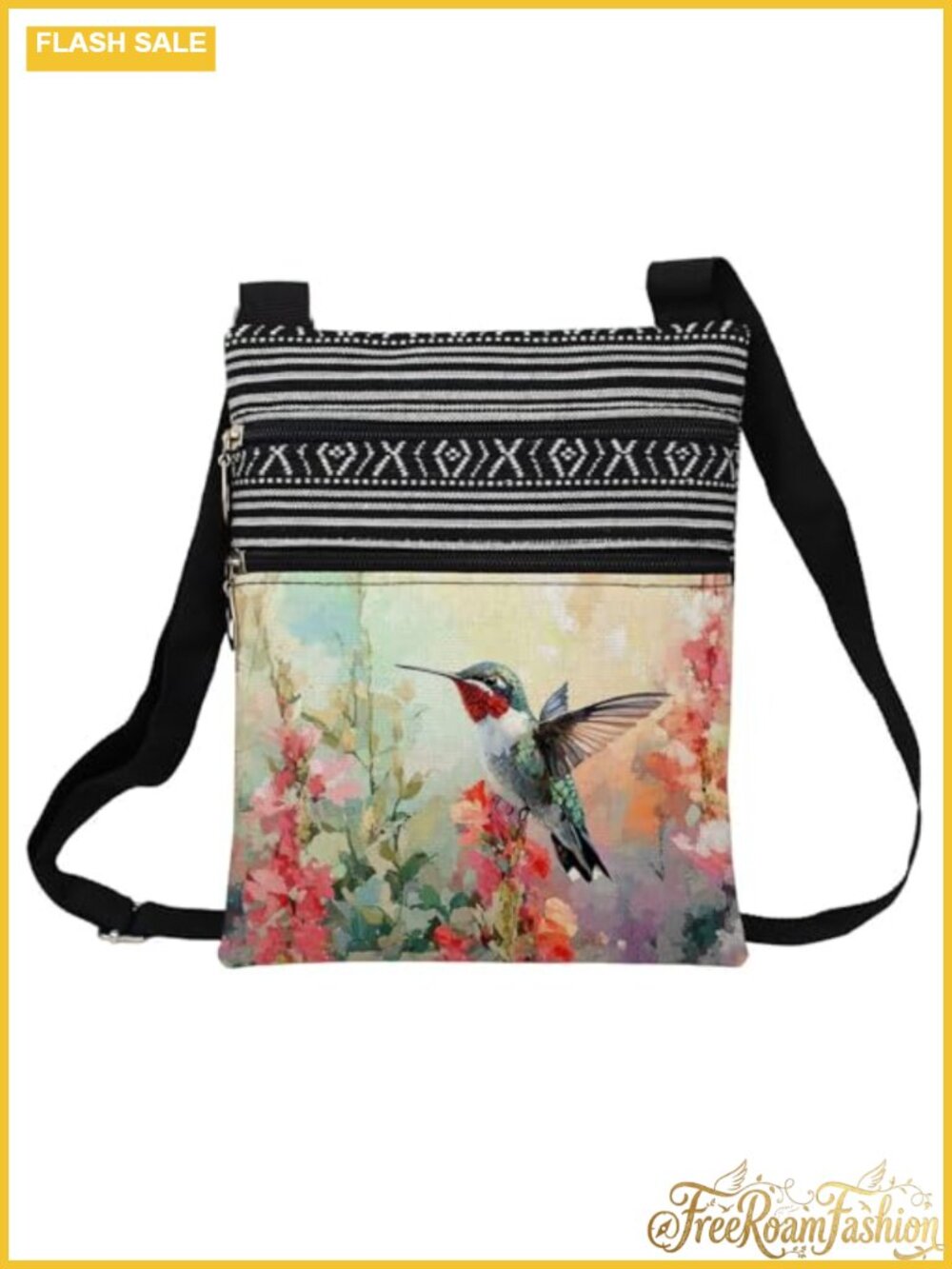 Floral Hummingbird Printed Crossbody Bag Polyester Adjustable Strap Small Ethnic